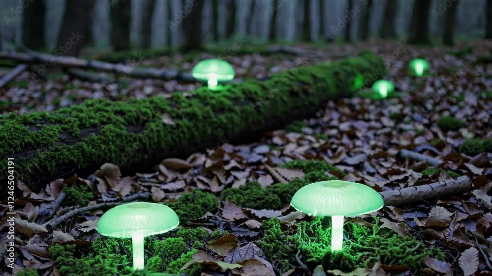 Poster Glowing mushrooms illuminate a serene forest path during twilight hours in an enchanting natural setting