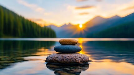 Serene lake at sunrise with balanced stone stack and mountain view