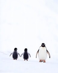 Obraz premium Three penguins walking on a snowy landscape, with a bright white background and soft lighting