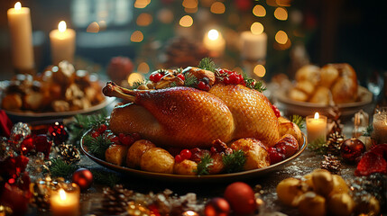 Golden Brown Turkey on a Beautifully Decorated Christmas Dinner Table
