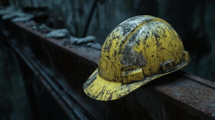 A realistic 4K close-up of a weathered yellow hard hat covered in dust, placed on a rusted steel beam inside a hollow, unfinished structure