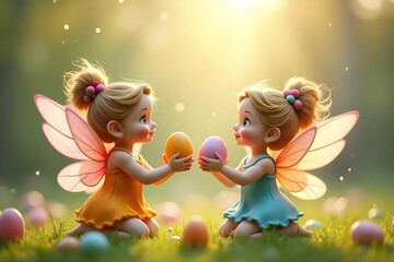 Little fairies holding Easter eggs in their hands