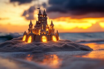 Obraz premium Sandcastle masterpiece glows at sunset on a beach with crashing waves