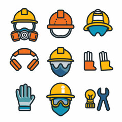 Safety icon set featuring helmets, goggles, and gloves, clean and modern