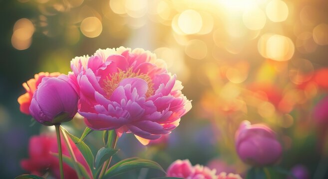 pink purple magenta peonies flowers outdoor garden bokeh sunlight growth environment fluffy