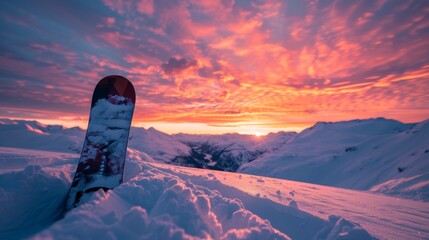 A vibrant sunset casts pink and orange hues across the sky above snow covered mountains, with a snowboard lying in untouched powder, symbolizing a thrilling winter experience.