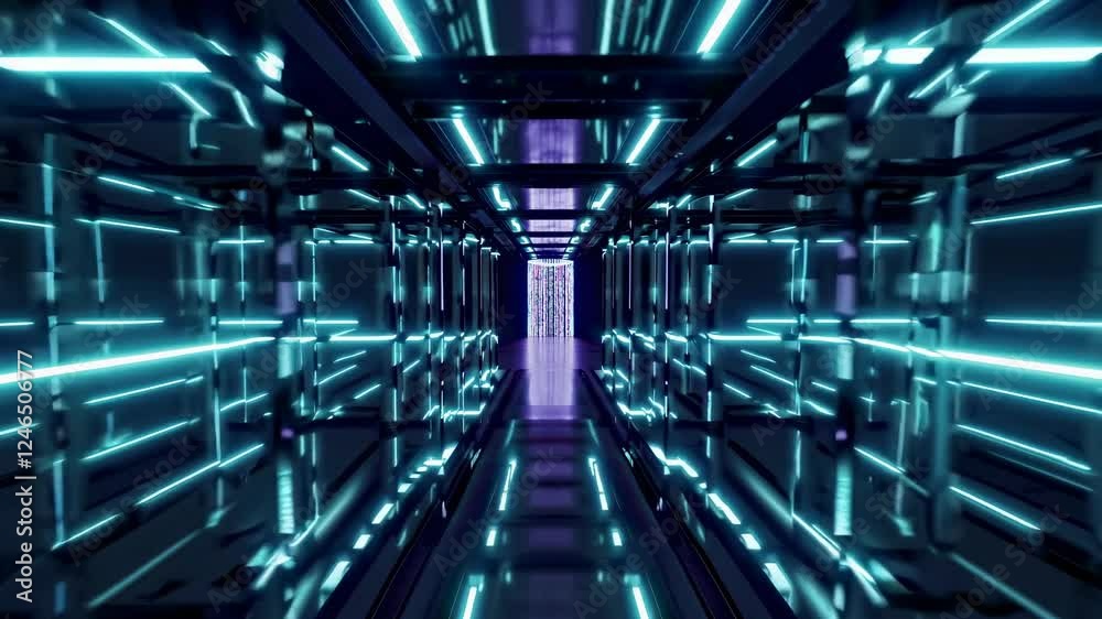 Poster explore an immersive digital environment featuring neon lights and cascading data streams