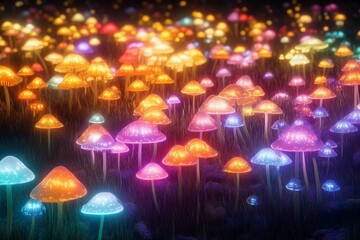 Vibrant bioluminescent mushrooms illuminate a mystical forest pathway during twilight hours