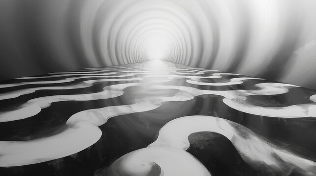 Surreal Monochrome Tunnel with Wavy Reflections Leading to Light