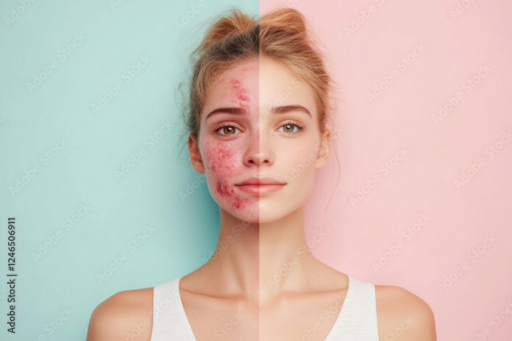 Aufkleber Split face comparison revealing acne and redness on one side and smooth glowing skin on the opposite side for skincare insight. Generative AI