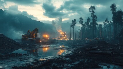 Nature vs urbanization, construction against the night cityscape, excavators, pollution, ecology, industrial landscape, deforestation, metropolis development, human impact, environmental crisis