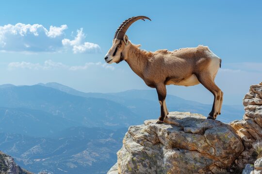 Pyrenean ibex on rocky outcrop overlooking expansive mountainous landscape under clear sky, both the grandeur and vulnerability of its extinct species within its natural habitat.