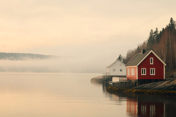 Fototapeta premium Serene waterfront houses at dawn misty landscape calm