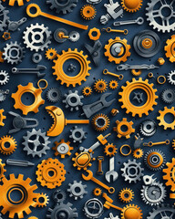 Seamless construction pattern with gears, tools, and building elements, industrial colors
