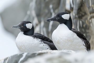 Fototapeta premium Close-up of two Great Auks with their distinctive black-and-white plumage, calmly perched on rocks, representing the elegance and uniqueness of this extinct species during breeding season.