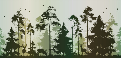 Seamless horizontal vector background. Forest with deer in green tones. Deer are drawn separately - you can move them, resize or delete them