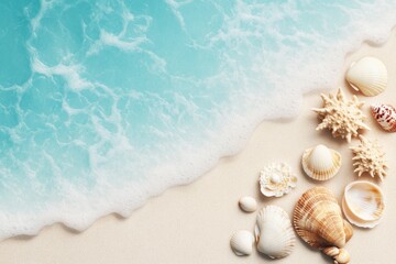 A hyper-realistic close-up of a tropical island shoreline, showing every detail of the sand, shells, and clear blue water
