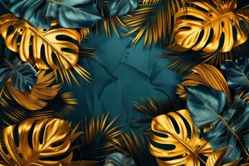 vegetal popular glamor background framed with golden tropical leaves retro vintage minimal luxury