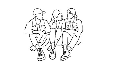 Group of 3 young people are sitting on the ground together and talking. Minimalistic black and white sketch. Vector illustration isolated on white background