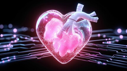 Futuristic heart with circuits and space theme.
