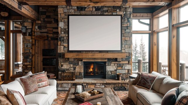 A large rustic frame above a cozy fireplace with stone and wood accents  HD 8K mockup wallpaper Photographic Image