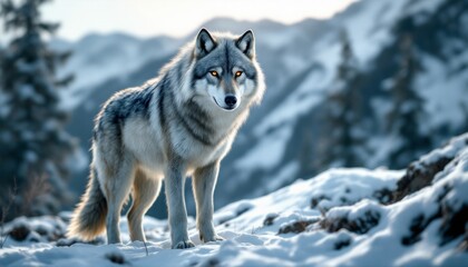 Obraz premium Snowy Watcher: A Majestic Wolf in a Winter Landscape, its piercing eyes reflecting the cold fire of survival amidst a serene backdrop of snow-covered mountains and evergreen forests.