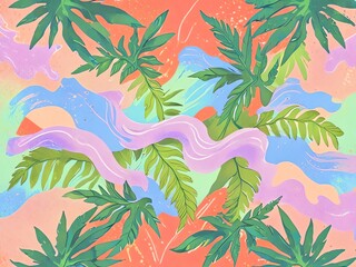 Tropical Paradise: A Vibrant Abstract of Lush Greenery and Pastel Hues