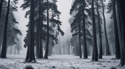 A misty winter scene in a snow-covered forest. Tall, dark pine trees stand in a dense formation, creating a serene and mysterious atmosphere.