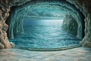 Dramatic theater stage with giant ocean waves crashing in a surreal artistic display
