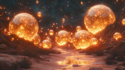 Naklejka premium Glowing Orange Spheres in Surreal Desert Landscape Digital Art 3d fire warm light space night scene 
