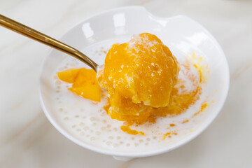 top view mango pomelo sago with ice cream