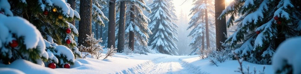 Fototapeta premium Snowy forest with snow-covered trees and garland, holly, festive, garland