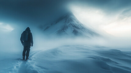 Solitary Hiker in Snowy Mountain Winter Landscape Dramatic Foggy Scene man cold path peak mist blue 