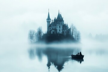 Fototapeta premium A mysterious gothic-style island castle shrouded in mist, with dark waters and shadowy figures lurking around