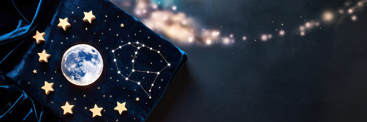 Fototapeta premium Celestial Night Scene Moon Constellation Stars on Dark Blue Velvet