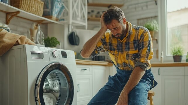 A service technician in uniform, wiping sweat from his forehead while troubleshooting a washing machine error code in a cozy home kitchen. Ultra-detailed 4K photography.