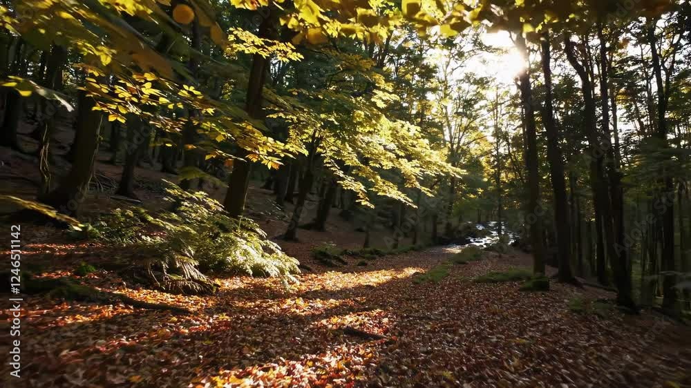 Aufkleber Strolling along a sunlit forest path in autumn with colorful leaves and a serene atmosphere