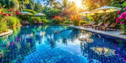Serene Tropical Pool Surrounded by Lush Greenery and Sunlight