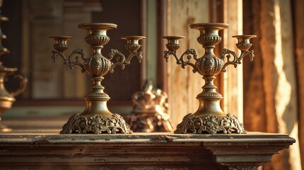 A pair of antique brass candelabras sit on a rustic wooden surface, bathed in warm, golden light. Intricate details and ornate design.