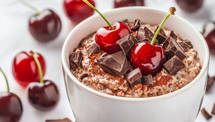 A creamy dessert topped with chocolate pieces and cherries, surrounded by fresh cherries, perfect for a sweet treat.