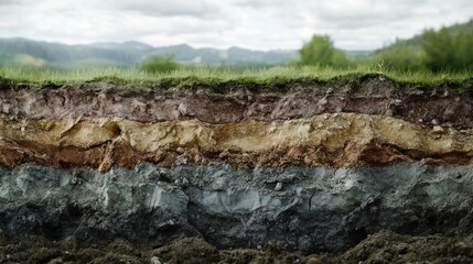 Obraz premium A soil erosion-exposed cross-section revealing distinct geological layers, from surface vegetation to deep bedrock formations, with photorealistic textures. Ultra-sharp 4K photography.