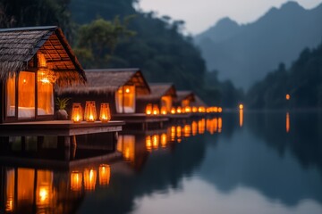 Fototapeta premium A peaceful paradise retreat with bamboo huts over water and lanterns glowing softly at twilight
