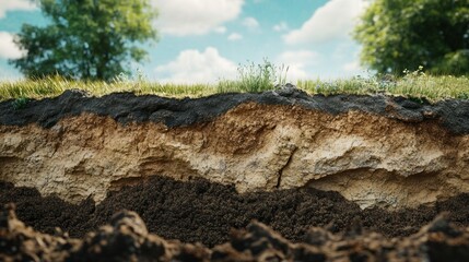 A soil erosion-exposed cross-section revealing distinct geological layers, from surface vegetation to deep bedrock formations, with photorealistic textures. Ultra-sharp 4K photography.