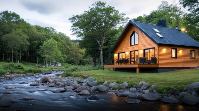 Charming log cabin next to a rushing river in a tranquil forest setting, illuminated softly by the evening light