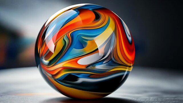 A bright bowling ball with colorful stripes rolls with a motion blur.