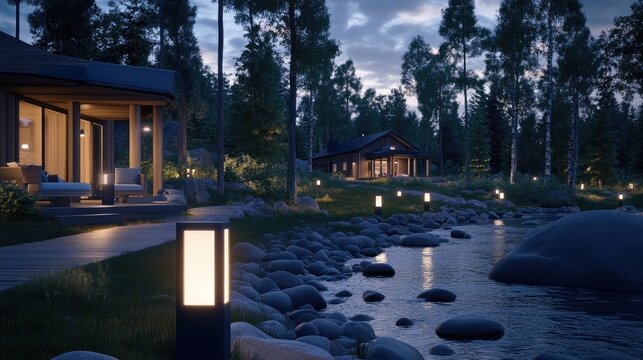 Charming log cabin next to a rushing river in a tranquil forest setting, illuminated softly by the evening light