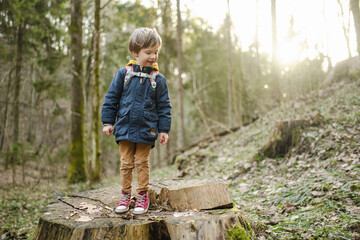 Adorable little boy having fun during a hike in the woods on beautiful sunny spring day. Active...