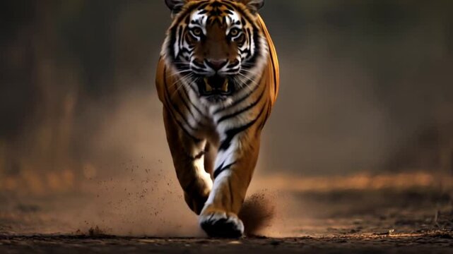 Majestic tiger running towards camera in forest; wildlife documentary use