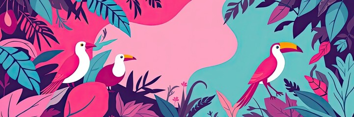 Naklejka premium Vibrant Tropical Birds in Pink and Teal Paradise Lush Foliage Exotic Floral Design