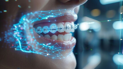 A close up of a person's mouth featuring orthodontic braces is augmented with digital graphics illustrating advanced dental technology and treatment planning.